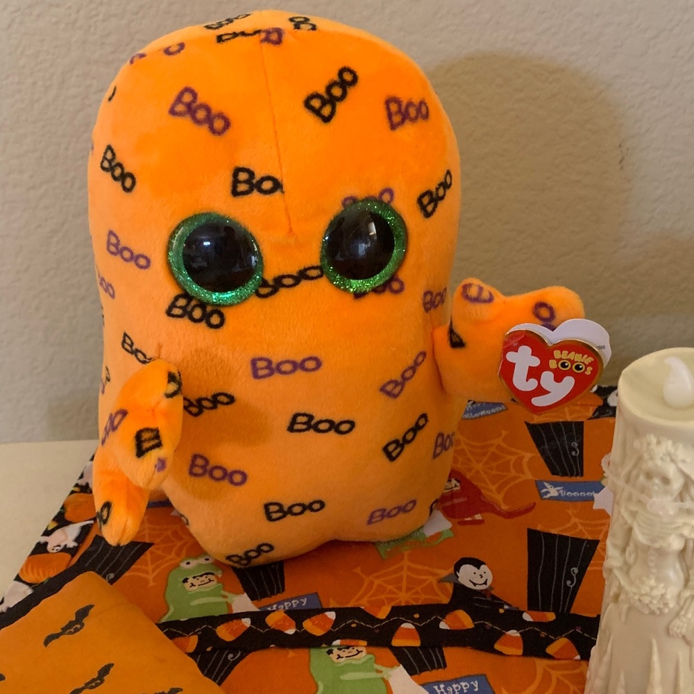 6 pc Ty Orange Boo Plush Halloween Kitchen table placemat ghost candles mitt lot - Picture 10 of 16
